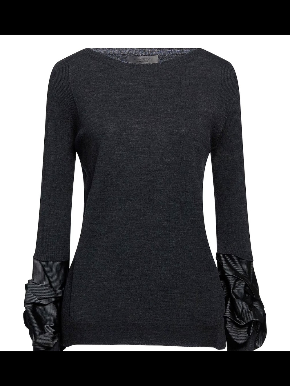 D. Exterior Charcoal Black Sweater with Ruched Satin Sleeve Detail - Size Large